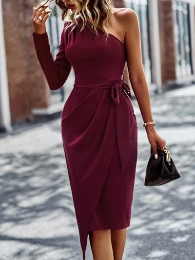 One-Shoulder Pleated Detail Belted Dress - SHE BADDY© ONLINE WOMEN FASHION & CLOTHING STORE