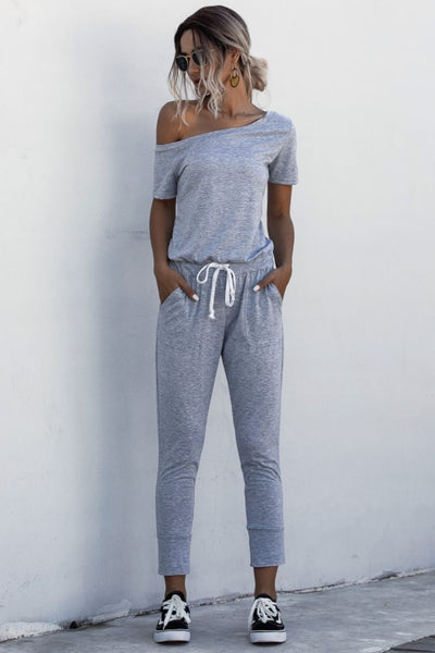 Asymmetrical Neck Tied Jumpsuit with Pockets - SHE BADDY© ONLINE WOMEN FASHION & CLOTHING STORE