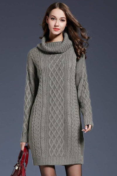 Full Size Mixed Knit Cowl Neck Dropped Shoulder Sweater Dress - SHE BADDY© ONLINE WOMEN FASHION & CLOTHING STORE