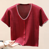 Contrast Decorative Button Short Sleeve Knit Top - SHE BADDY© ONLINE WOMEN FASHION & CLOTHING STORE