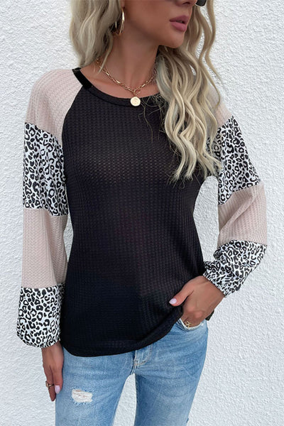 Contrast Leopard Print Waffle Knit Tee - SHE BADDY© ONLINE WOMEN FASHION & CLOTHING STORE