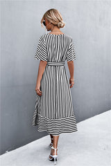 Striped Tie Belt Midi Dress - SHE BADDY© ONLINE WOMEN FASHION & CLOTHING STORE