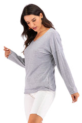 V-Neck Drop Shoulder Open Back Sweatshirt - SHE BADDY© ONLINE WOMEN FASHION & CLOTHING STORE