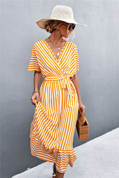 Striped Tie Belt Midi Dress - SHE BADDY© ONLINE WOMEN FASHION & CLOTHING STORE