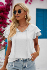 Swiss Dot Tie-Neck Flutter Sleeve Blouse - SHE BADDY© ONLINE WOMEN FASHION & CLOTHING STORE