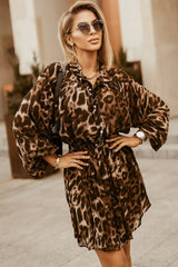 Leopard Buttoned Balloon Sleeve Dress - SHE BADDY© ONLINE WOMEN FASHION & CLOTHING STORE