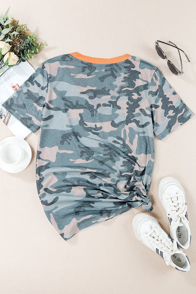 Camouflage Two-Tone V-Neck Tee - SHE BADDY© ONLINE WOMEN FASHION & CLOTHING STORE