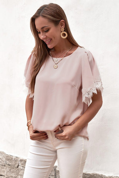 Lace Trim Flutter Sleeve Blouse - SHE BADDY© ONLINE WOMEN FASHION & CLOTHING STORE