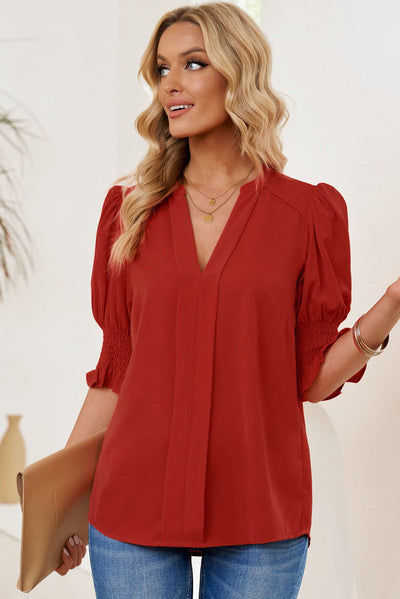 Smocked Flounce Sleeve Notched Neck Blouse - SHE BADDY© ONLINE WOMEN FASHION & CLOTHING STORE