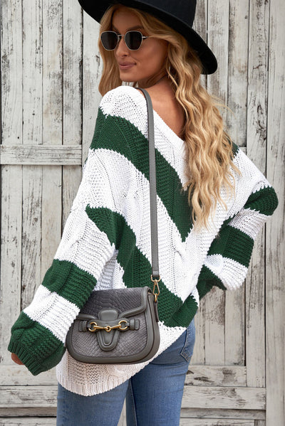 Chevron Cable-Knit V-Neck Tunic Sweater - SHE BADDY© ONLINE WOMEN FASHION & CLOTHING STORE