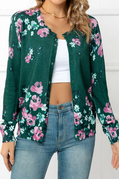 Floral Button Front Round Neck Cardigan - SHE BADDY© ONLINE WOMEN FASHION & CLOTHING STORE