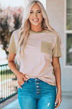Striped Contrast T-Shirt with Breast Pocket - SHE BADDY© ONLINE WOMEN FASHION & CLOTHING STORE