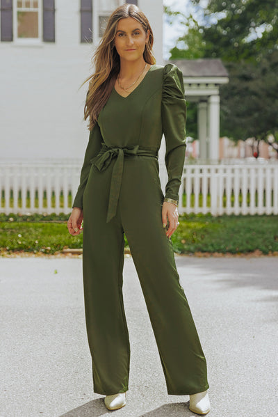 Belted Long Puff Sleeve V-Neck Jumpsuit - SHE BADDY© ONLINE WOMEN FASHION & CLOTHING STORE