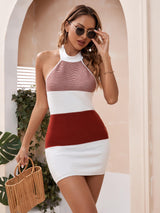 Color Block Halter Neck Knit Dress - SHE BADDY© ONLINE WOMEN FASHION & CLOTHING STORE