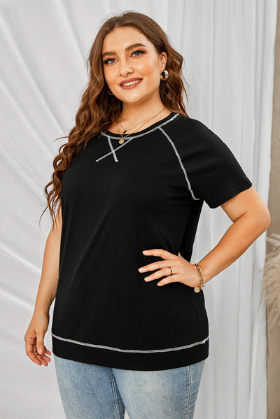 Plus Size Contrast Stitching Crewneck Tee - SHE BADDY© ONLINE WOMEN FASHION & CLOTHING STORE