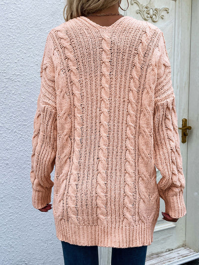 Cable-Knit Open Front Cardigan with Front Pockets - SHE BADDY© ONLINE WOMEN FASHION & CLOTHING STORE