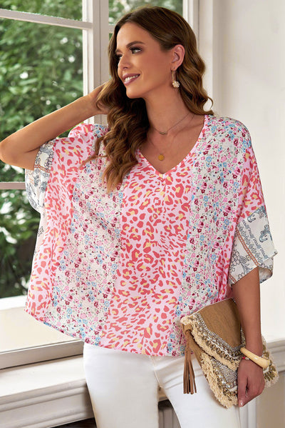 Mixed Print V-Neck Blouse - SHE BADDY© ONLINE WOMEN FASHION & CLOTHING STORE