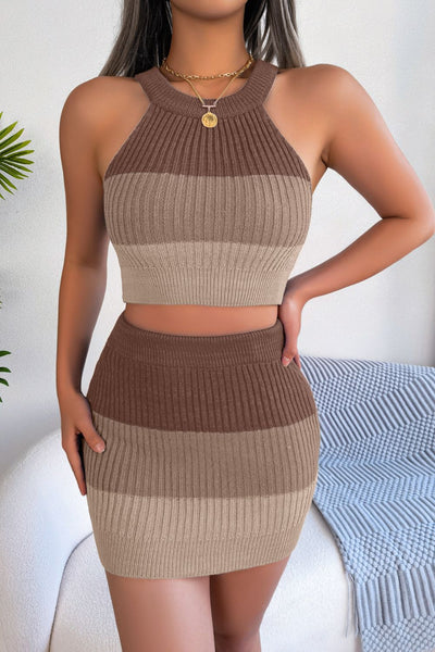 Color Block Sleeveless Crop Knit Top and Skirt Set - SHE BADDY© ONLINE WOMEN FASHION & CLOTHING STORE