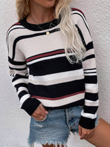 Striped Drop Shoulder Round Neck Pullover Sweater - SHE BADDY© ONLINE WOMEN FASHION & CLOTHING STORE