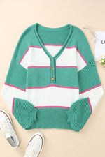 Color Block Buttoned V-Neck Sweater - SHE BADDY© ONLINE WOMEN FASHION & CLOTHING STORE