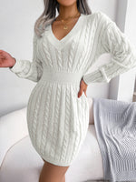 Cable-Knit V-Neck Mini Sweater Dress - SHE BADDY© ONLINE WOMEN FASHION & CLOTHING STORE