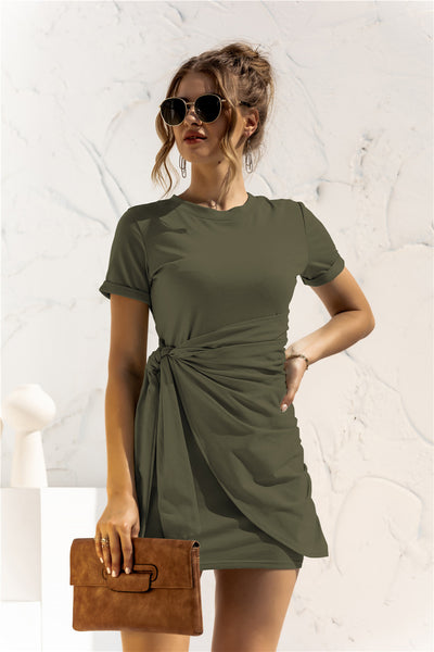 Round Neck Cuffed Sleeve Side Tie Dress - SHE BADDY© ONLINE WOMEN FASHION & CLOTHING STORE