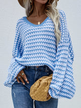 Striped Drop Shoulder V-Neck Pullover Sweater - SHE BADDY© ONLINE WOMEN FASHION & CLOTHING STORE