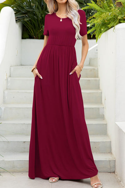 Round Neck Maxi Tee Dress with Pockets - SHE BADDY© ONLINE WOMEN FASHION & CLOTHING STORE
