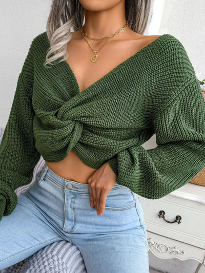 Twisted Front Long Sleeve Cropped Sweater - SHE BADDY© ONLINE WOMEN FASHION & CLOTHING STORE