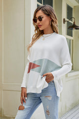 Color Block Round Neck Side Slit Sweater - SHE BADDY© ONLINE WOMEN FASHION & CLOTHING STORE