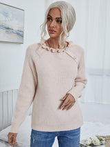 Button Detail Frill Neck Rib-Knit Sweater - SHE BADDY© ONLINE WOMEN FASHION & CLOTHING STORE