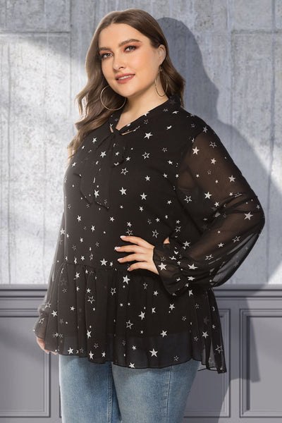 Plus Size Star Print Tie-Neck Peplum Blouse - SHE BADDY© ONLINE WOMEN FASHION & CLOTHING STORE