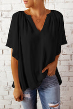 Gathered Detail Notched Neck Flutter Sleeve Top - SHE BADDY© ONLINE WOMEN FASHION & CLOTHING STORE