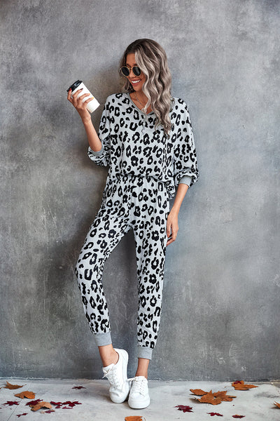 Leopard V-Neck Dropped Shoulder Loungewear Set - SHE BADDY© ONLINE WOMEN FASHION & CLOTHING STORE