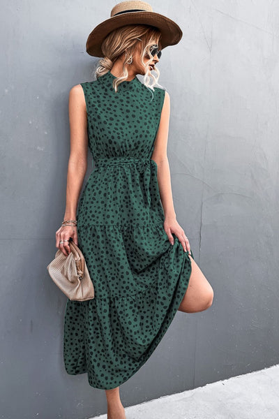 Printed Mock Neck Sleeveless Belted Tiered Dress - SHE BADDY© ONLINE WOMEN FASHION & CLOTHING STORE