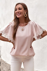 Lace Trim Flutter Sleeve Blouse - SHE BADDY© ONLINE WOMEN FASHION & CLOTHING STORE
