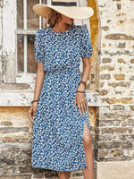 Floral Round Neck Split Midi Dress - SHE BADDY© ONLINE WOMEN FASHION & CLOTHING STORE