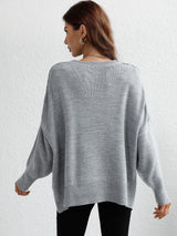 Exposed Seam Dropped Shoulder Slit Sweater - SHE BADDY© ONLINE WOMEN FASHION & CLOTHING STORE