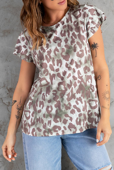 Leopard Layered Flutter Sleeve Tee Shirt - SHE BADDY© ONLINE WOMEN FASHION & CLOTHING STORE