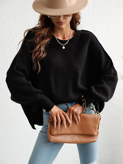 Exposed Seam Dropped Shoulder Slit Sweater - SHE BADDY© ONLINE WOMEN FASHION & CLOTHING STORE