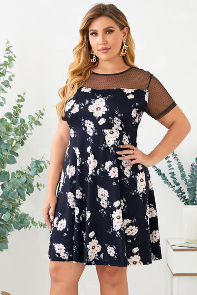 Plus Size Floral Polka Dot Mesh Yoke Dress - SHE BADDY© ONLINE WOMEN FASHION & CLOTHING STORE