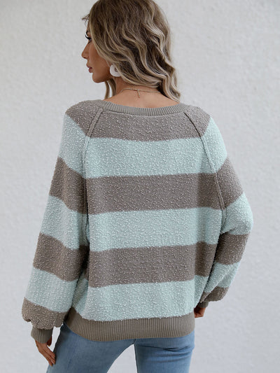 Striped Raglan Sleeve Ribbed Trim Knit Top - SHE BADDY© ONLINE WOMEN FASHION & CLOTHING STORE