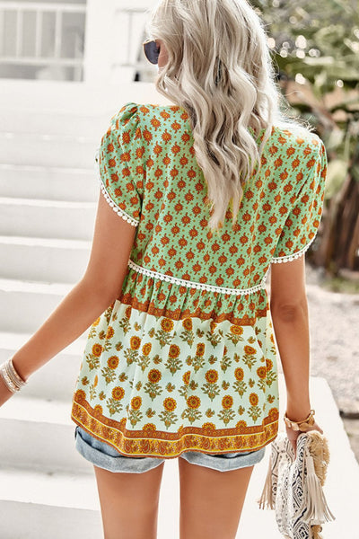 Bohemian Tie Neck Buttoned Blouse - SHE BADDY© ONLINE WOMEN FASHION & CLOTHING STORE