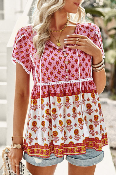 Bohemian Tie Neck Buttoned Blouse - SHE BADDY© ONLINE WOMEN FASHION & CLOTHING STORE