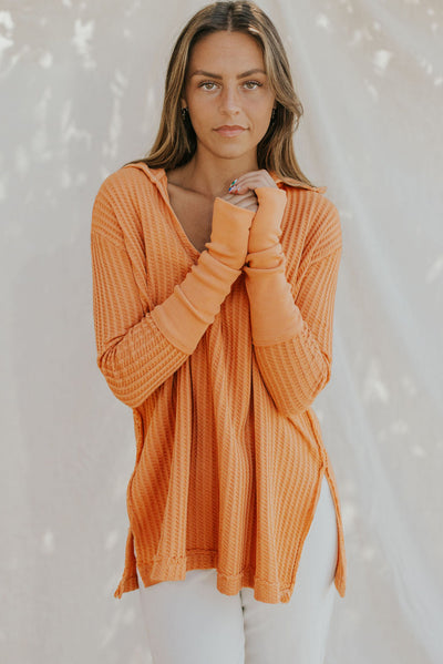 Waffle-Knit Slit Drop Shoulder Top - SHE BADDY© ONLINE WOMEN FASHION & CLOTHING STORE