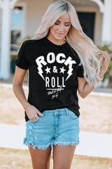 ROCK & ROLL Graphic Round Neck Short Sleeve Tee - SHE BADDY© ONLINE WOMEN FASHION & CLOTHING STORE