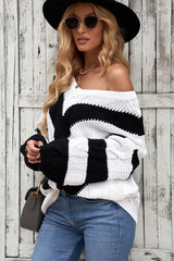 Chevron Cable-Knit V-Neck Tunic Sweater - SHE BADDY© ONLINE WOMEN FASHION & CLOTHING STORE