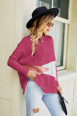 Color Block Round Neck Side Slit Sweater - SHE BADDY© ONLINE WOMEN FASHION & CLOTHING STORE