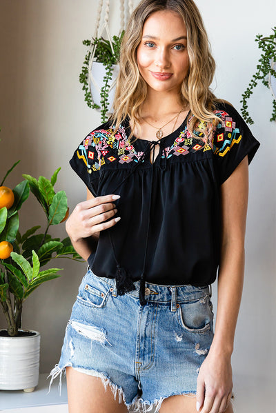 Embroidered Tie-Neck Tassel Blouse - SHE BADDY© ONLINE WOMEN FASHION & CLOTHING STORE