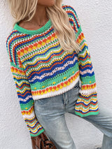 Rainbow Stripe Openwork Flare Sleeve Knit Top - SHE BADDY© ONLINE WOMEN FASHION & CLOTHING STORE